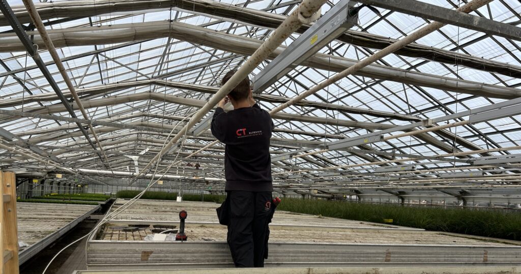 Elektriker installerer belysning i gartneri med grønne planter til avanceret fotosyntese.