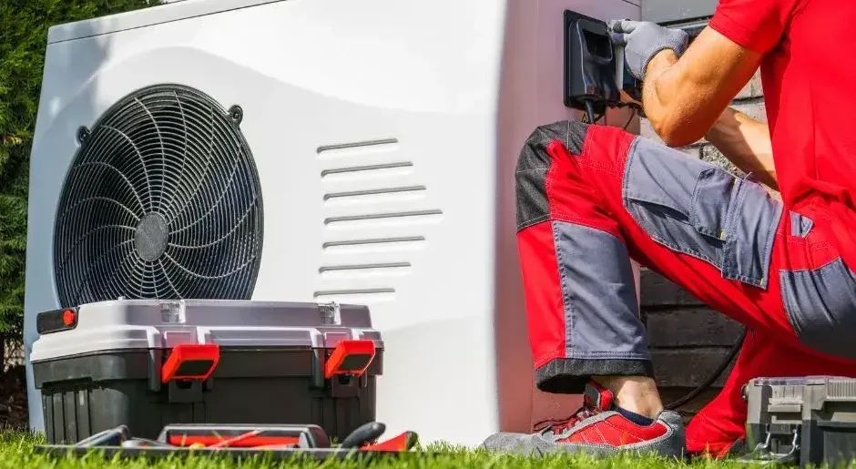 Elektriker fra CT Elteknik monterer varmepumpe i privat bolig med fokus på korrekt installation og energieffektiv løsning.